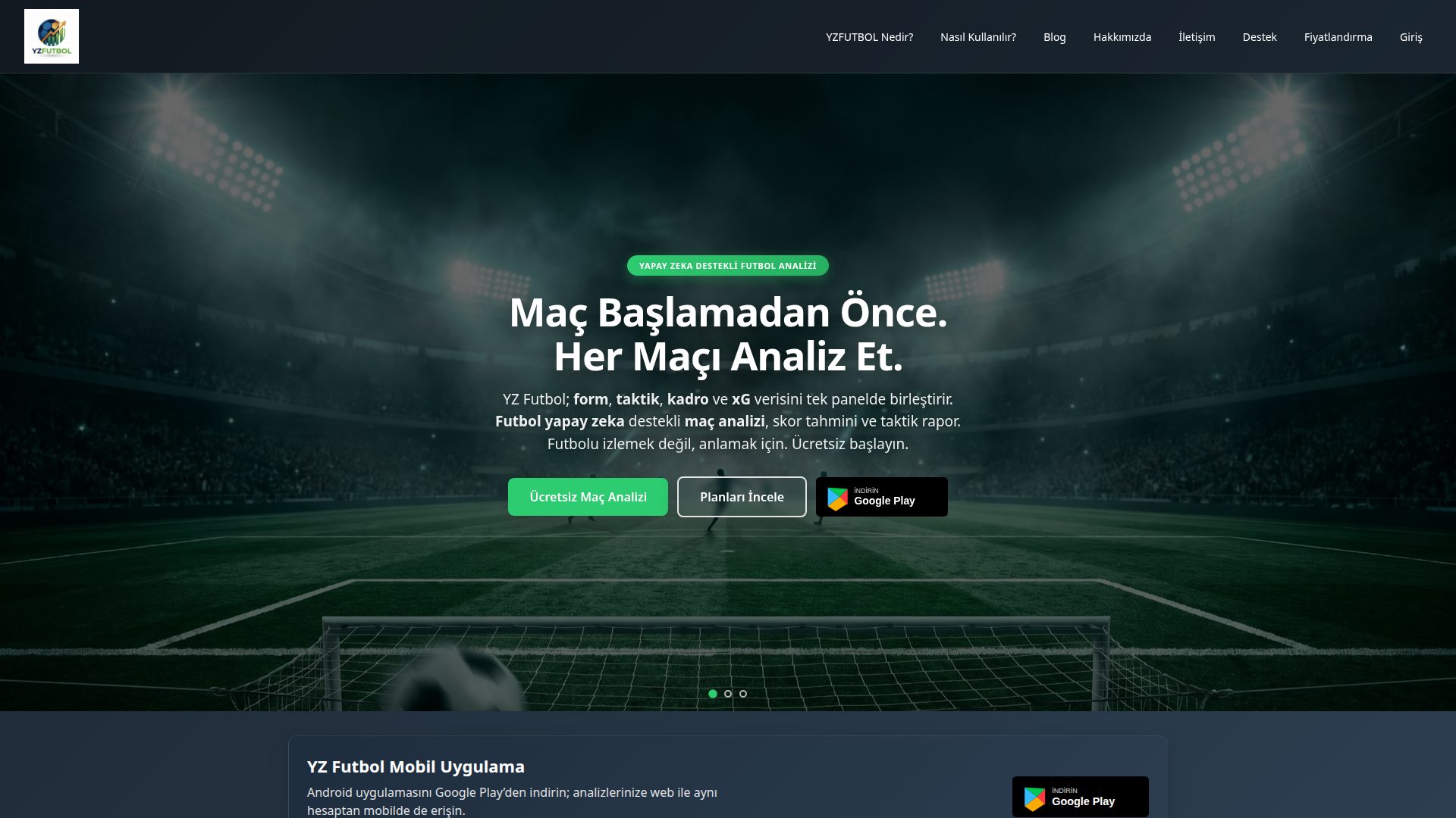 YZ Futbol ana sayfa görüntüsü